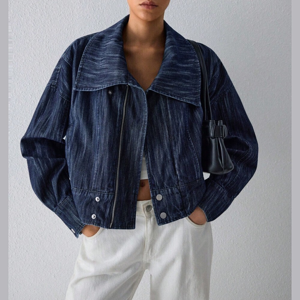 Indigo Marled Heather Denim Zip Front Oversized Crop Jacket